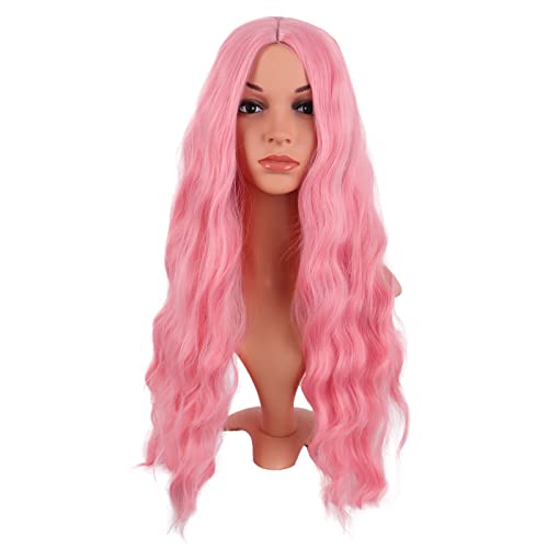 MapofBeauty 28 Zoll/70 cm Länge Wavy Synthetische Faser Lockige Haarfasern Ersatz Perücke für Partys Cosplay Täglich Perücke (Hell Rosa) von MapofBeauty