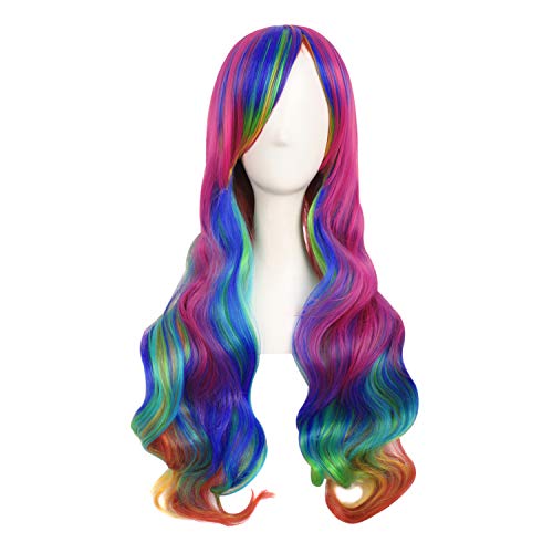 MapofBeauty 28 Zoll/70cm Damen Glatt Pony Mehrfarbig Cosplay Länge Locken Glamor Perücke (Regenbogen Farbe) von MapofBeauty