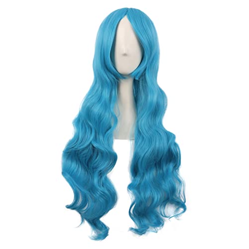 MapofBeauty 32 Zoll/80 cm Mode Lange Lockige Haare Anime Kostüm Side Pony Cosplay Perücke (Cyan blau) von MapofBeauty