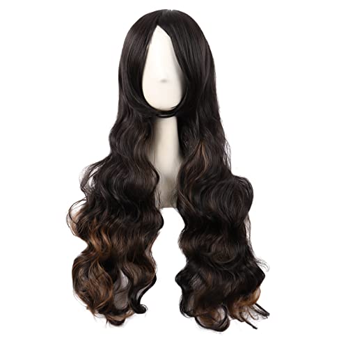 MapofBeauty 32 Zoll/80 cm Mode Lange Lockige Haare Anime Kostüm Side Pony Cosplay Perücke (Schwarz gemischt Braun) von MapofBeauty