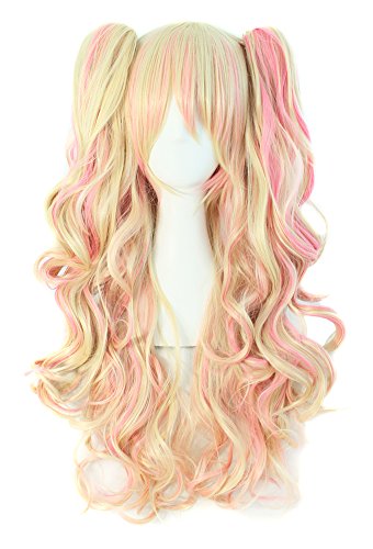 MapofBeauty farbige Lolita lange lockige geheftet auf Pferdeschwanz Cosplay Perücke (blond/rosa) von MapofBeauty