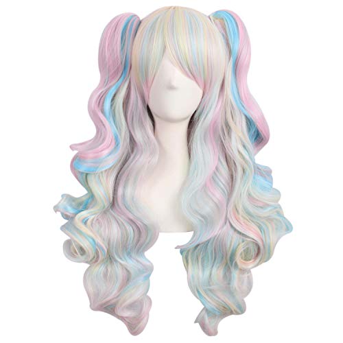 MapofBeauty farbige Lolita lange lockige geheftet auf Pferdeschwanz Cosplay Perücke (rosa/blau/blond) von MapofBeauty