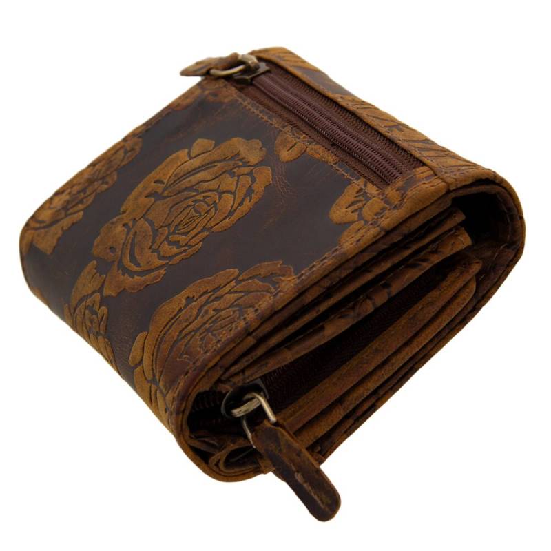 Damen-Geldbörse Und Geldbörse Aus Echtem Büffelleder Mit Rosenprägung, Kompakt Vielen Spezialfächern Für Kreditkarten in Braun von MarBelloShop