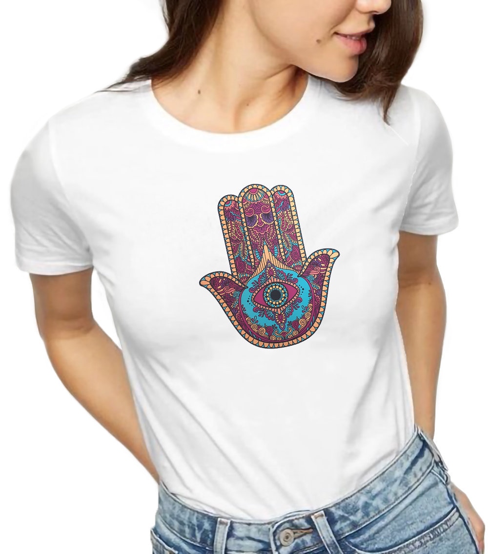 Damen T-Shirt Kurzarmshirt Yoga Spirituell Hand Der Fatima Print Shirt Basic Regular Fit Für Und Girls Weiß Damen T-Shirt Kurzarmshirt Yoga Spirituell Hand Der Fatima Print Shirt Basic Regular Fit Für Und Girls Weiß von MarBelloShop