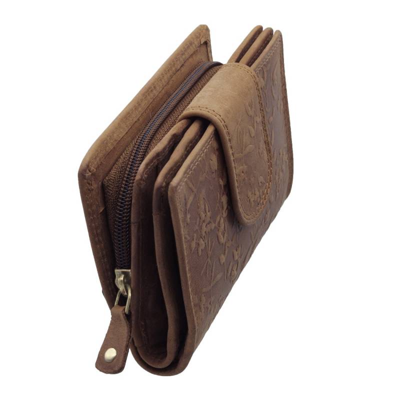 Echtes Büffelleder Rfid-Blocker Portemonnaie Und Geldbörse Für Damen Mit Blumenprägung Vielen Kreditkartenfächern in Braun Farbe von MarBelloShop