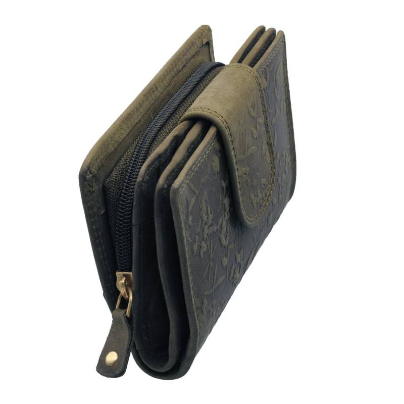 Echtes Büffelleder Rfid-Blocker Portemonnaie Und Geldbörse Für Damen Mit Blumenprägung Vielen Kreditkartenfächern in Olivgrün Farbe von MarBelloShop