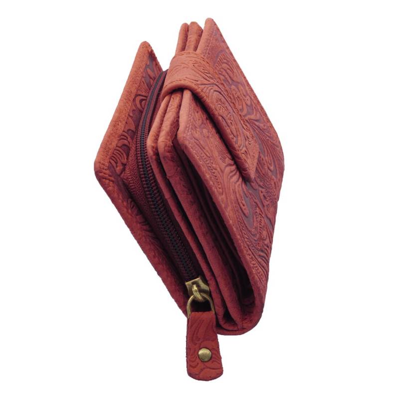 Echtes Büffelleder Rfid-Blocker Portemonnaie Und Geldbörse Für Damen Mit Blumenprägung Vielen Kreditkartenfächern in Terrakotta Farbe von MarBelloShop