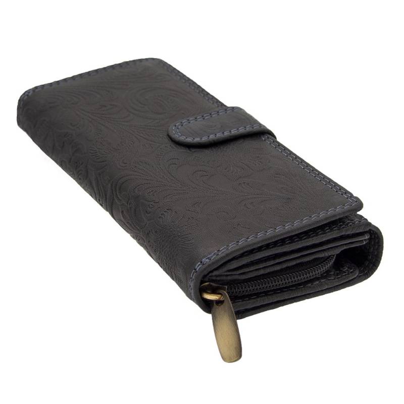 Damen Leder Portemonnaie Rfid Schutz Schwarz - Vintage Blumenprägung Mit 20 Kartenfächern & Münzfach von MarBelloShop