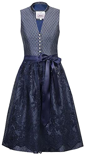 Marjo Dirndl Viola 65cm Länge Damen dunkelblau | Mididirndl Jacquard schlicht elegant | V-Ausschnitt Gr 36 von MarJo Glorious Collection