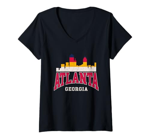Damen Atlanta City Skyline Retro Varsity Style Typografie Athletic T-Shirt mit V-Ausschnitt von Mara Closet