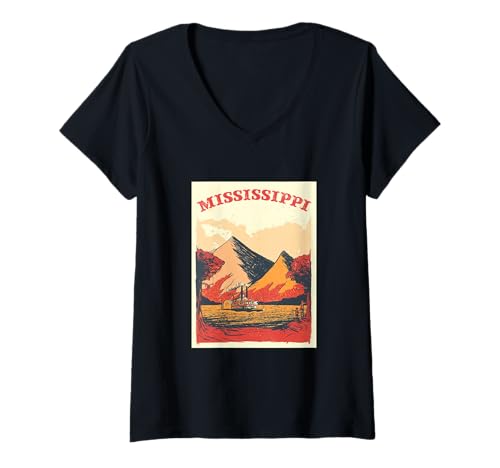 Damen Mississippi-Berge und Fluss Mississippi Roots Vintage T-Shirt mit V-Ausschnitt von Mara Closet