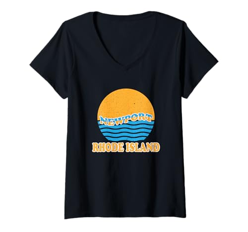 Damen Retro-Sonnenuntergang und Meereswellen Newport Rhode Island Vintage T-Shirt mit V-Ausschnitt von Mara Closet