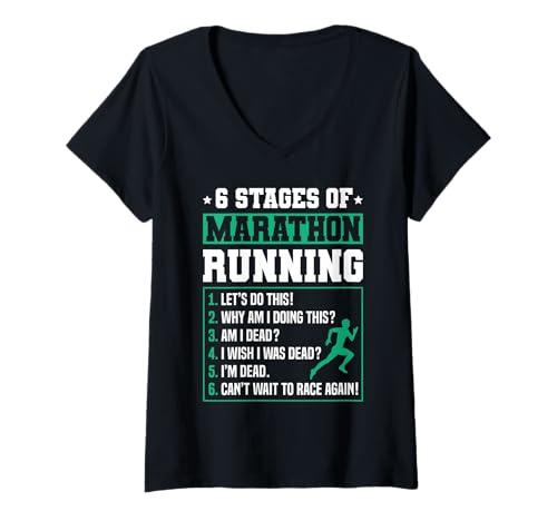 Damen 6 Stages of Marathon Run Funny Runner Humor T-Shirt mit V-Ausschnitt Damen 6 Stages of Marathon Run Funny Runner Humor T-Shirt mit V-Ausschnitt von Marathon Runner Humor Funny Running Shirt Gift