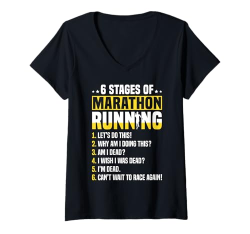 Damen 6 Stages of Marathon Run Funny Runner Humor T-Shirt mit V-Ausschnitt Damen 6 Stages of Marathon Run Funny Runner Humor T-Shirt mit V-Ausschnitt von Marathon Runner Humor Funny Running Shirt Gift