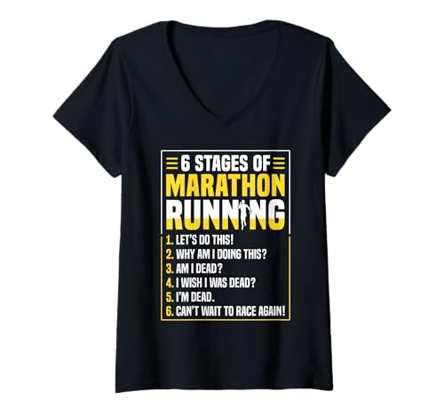 Damen 6 Stages of Marathon Run Funny Runner Humor T-Shirt mit V-Ausschnitt von Marathon Runner Humor Funny Running Shirt Gift