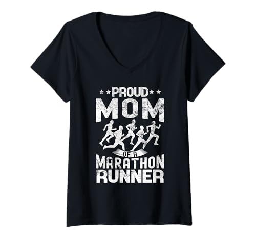 Damen Stolze Mutter eines Marathonläufers Mama Geschenke im Used-Look T-Shirt mit V-Ausschnitt von Marathon Runner Matching Family tees