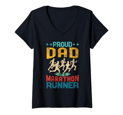 Damen Stolzer Papa eines Marathonläufers Papa Geschenke Vintage Used-Look T-Shirt mit V-Ausschnitt von Marathon Runner Matching Family tees