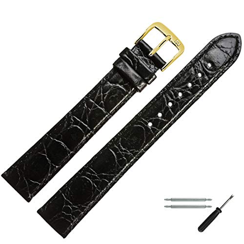 MARBURGER Uhrenarmband 18mm Leder Schwarz - Rindsleder, Kroko Prägung - Inkl. Zubehör - Ersatzarmband, Schließe Gold - 6811810000220 von MARBURGER