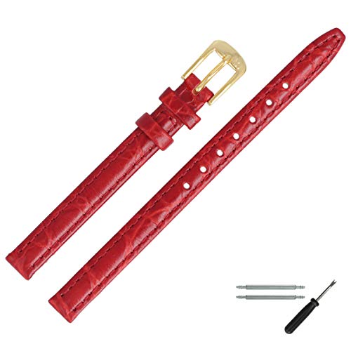 MARBURGER Uhrenarmband 10mm Leder Rot Kroko (Caiman) Prägung Mit Naht - Werkzeug Montage Set 5291040000220 von MARBURGER