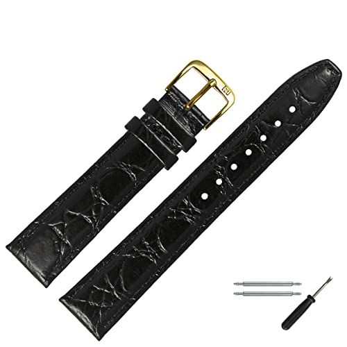 MARBURGER Uhrenarmband 10mm Leder Schwarz Kroko (Caiman) Prägung Mit Naht - Werkzeug Montage Set 5291010000220 von MARBURGER