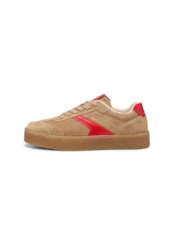 Marc OߴPolo Damen Sneaker flach aus Veloursleder mit Wechselfußbett, Braun (Light Pure Sand/Red), 41 von Marc O'Polo