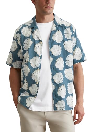 Marc O'Polo Herren Kurzarmhemd aus Leinen-Baumwoll-Mix mit Allover-Print, Blau (Multi/Storm), XL von Marc O'Polo