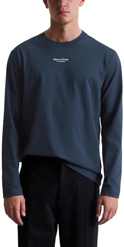 Marc OߴPolo Herren Langarmshirt aus Bio-Baumwolle mit Logo-Print, Blau (Dark Navy), XXL von Marc O'Polo