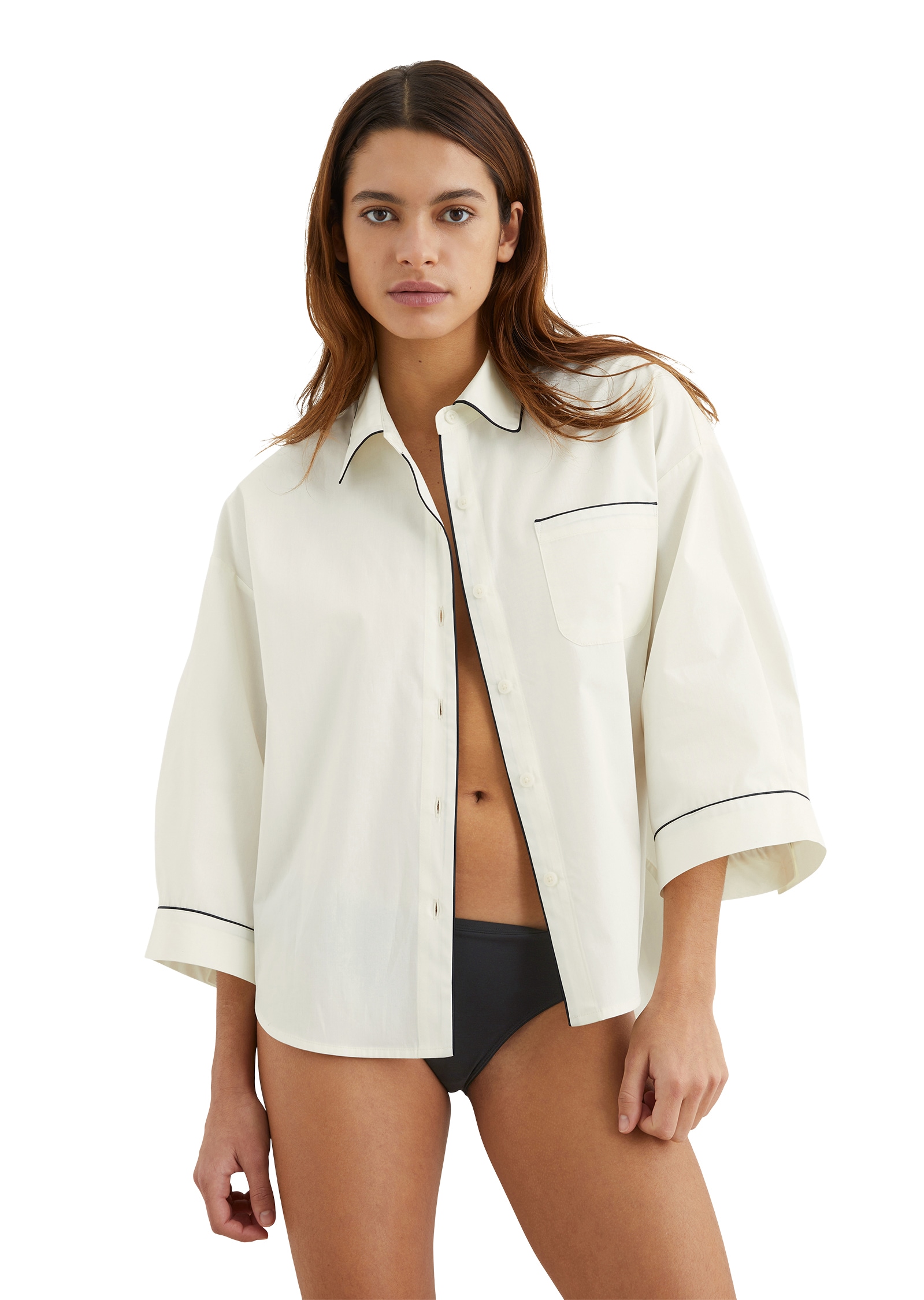 Marc OPolo Pyjamaoberteil "Mix & Match Poplin", kontrastfarbene Pipings, Knöpfe, Kragen, 3/4-Arm von Marc O'Polo