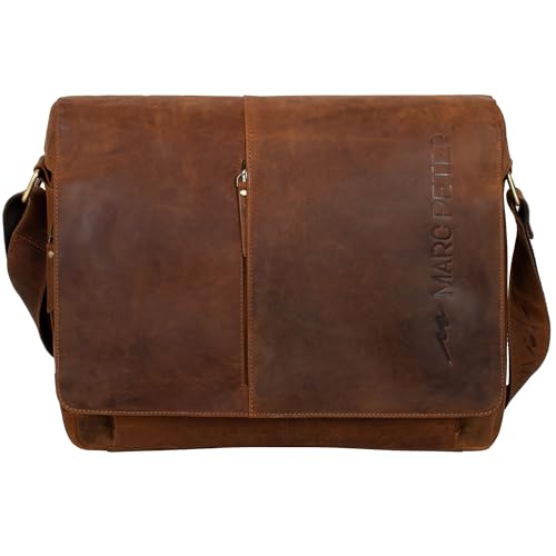 Marc Peter® Bergen Umhängetasche Leder groß für Herren Damen 15.6 Zoll Laptoptasche Unitasche Bürotasche Moderne Aktentasche aus echtem Büffelleder Bräune von Marc Peter