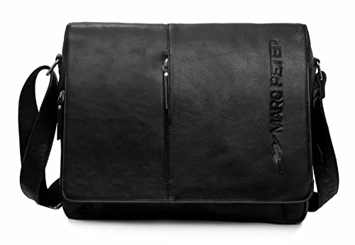 Marc Peter® Bergen leder Umhängetasche für Herren Damen | 15.6 Zoll Laptoptasche | Aktentasche aus echtem Büffelleder Schwarz von Marc Peter