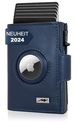 Marc Peter® Chicago Leder Push Air Slim Wallet - Airtag Geldbörse mit Münzfach - RFID Schutz kleines Mini Portmonee Leder Blau XL MÜNZFACH von Marc Peter