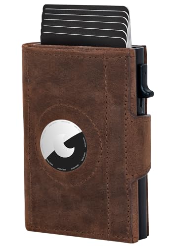 Marc Peter® Chicago Rustic Bräune Leder Push Air Slim Wallet | Airtag Geldbörse mit Münzfach | RFID Schutz kleines Mini Portmonee von Marc Peter