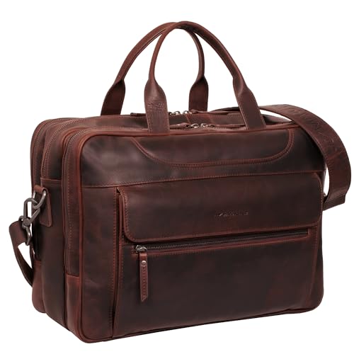 Marc Peter® Houston XXL Aktentasche Leder Laptoptasche 15,6 Zoll bis 17 Zoll | Sehr Große Hunter Bräune Umhängetasche Arbeitstasche Bürotasche Businesstasche Echtleder für Damen und Herren von Marc Peter