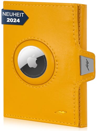 Marc Peter® Jupiter Airtag Echtleder Geldbörse mit Münzfach | Kleines Airtag Portemonnaie für Herren mit RFID | Apple Airtag Mini Geldbörse für Männer | Kreditkartenetui für bis zu 11 Karten Gelb von Marc Peter