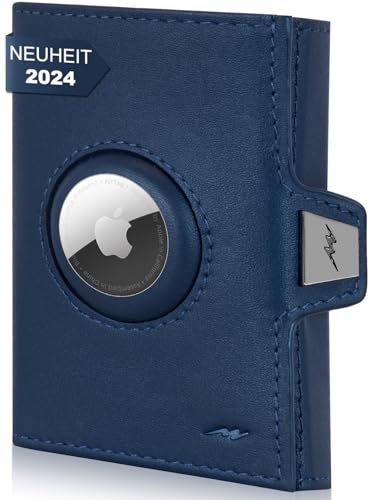 Marc Peter® Jupiter Airtag Echtleder Geldbörse mit XL Münzfach | Kleines Airtag Portemonnaie für Herren mit RFID | Apple Airtag Mini Geldbörse für Männer | Kreditkartenetui für bis zu 11 Karten Blau von Marc Peter