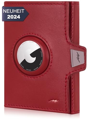 Marc Peter® Jupiter Airtag Echtleder Geldbörse mit XL Münzfach | Kleines Airtag Portemonnaie für Herren mit RFID |Apple Airtag Mini Geldbörse für Männer |Kreditkartenetui für bis zu 11 Karten Rot von Marc Peter