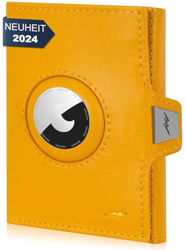Marc Peter® Jupiter Airtag Echtleder Geldbörse mit XL Münzfach | Kleines Airtag Portemonnaie für Herren mit RFID |Apple Airtag Mini Geldbörse für Männer |Kreditkartenetui für bis zu 11 Karten Gelb von Marc Peter