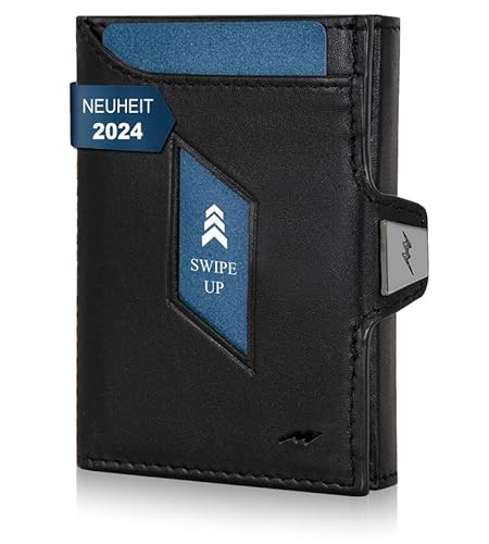 Marc Peter® Jupiter Schwarz Nappaleder Slim Wallet mit Münzfach | Kleines Portemonnaie für Herren mit RFID | Kompaktes Portmonee | Mini Geldbörse für Männer | Kreditkartenetui für bis zu 11 Karten von Marc Peter