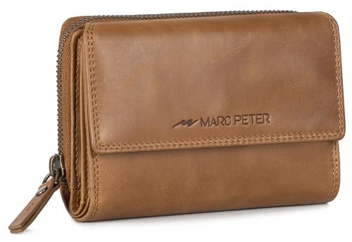 Marc Peter® Rosie Damen Geldbeutel Leder RFID Geldbörse Groß Vintage Portemonnaie für Damen Ledergeldbörse mit Reißverschluss in Geschenkbox Echtleder Camel von Marc Peter