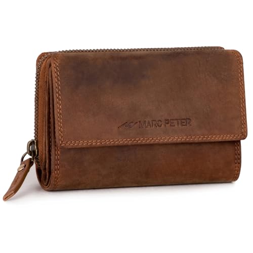 Marc Peter® Rosie Damen Geldbeutel Leder RFID Geldbörse Groß Vintage Portemonnaie für Damen Ledergeldbörse mit Reißverschluss in Geschenkbox Echtleder Vintage Bräune von Marc Peter