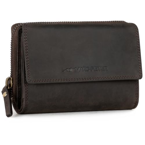 Marc Peter® Rosie Damen Geldbeutel Leder RFID Geldbörse Groß Vintage Portemonnaie für Damen Ledergeldbörse mit Reißverschluss in Geschenkbox Echtleder Vintage Kohle von Marc Peter