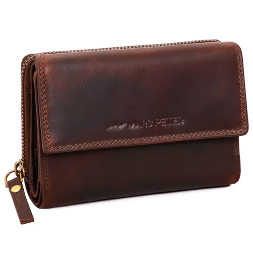 Marc Peter® Rosie Damen Geldbeutel Leder RFID Geldbörse Groß Vintage Portemonnaie für Damen Ledergeldbörse mit Reißverschluss in Geschenkbox Echtleder Waxy Braun von Marc Peter