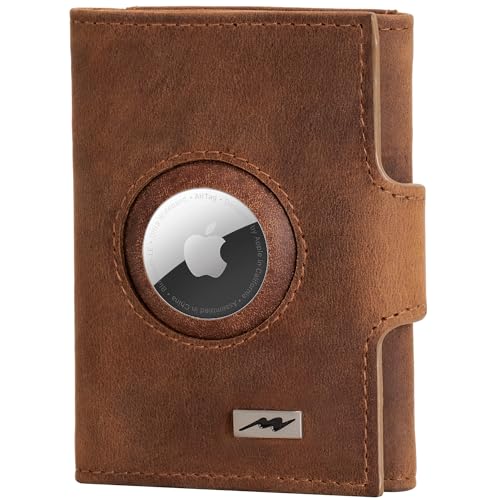 Marc Peter® Washingon Leder Slim Wallet - Airtag Geldbörse mit Münzfach - RFID Schutz kleines Mini Portmonee - Kreditkartenetui Kartenetui – Airtag Portemonnaie Bräune XL Münzfach von Marc Peter