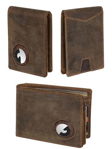 Marc Peter Airtag Wallet - Minimalistische Fronttasche RFID Blocking Herren Geldbörse Vollnarbenleder Bifold AirTag Halter mit 2 ID-Fenstern bis zu 14 Karten und Geschenkbox, Rustikales Crazy Horse von Marc Peter