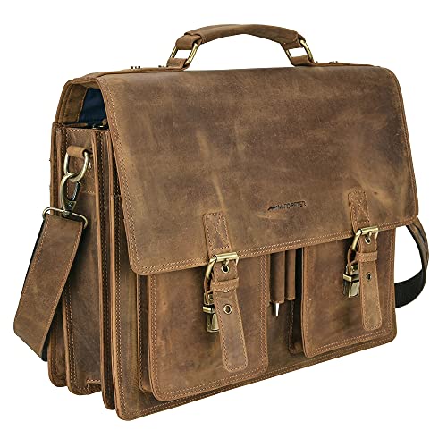 Marc Peter Amsterdam Aktentasche Leder XL Vintage Lehrertasche mit Laptopfach 15,6 Zoll große Ledertasche zum Umhängen Trolley aufsteckbar von Marc Peter