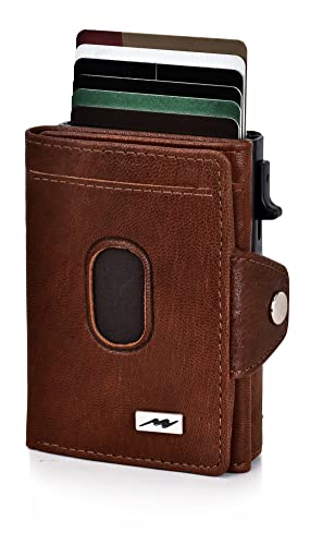 Marc Peter Dublin Rustikale Braun Buff Leder Push Slim Wallet - Geldbörse mit Münzfach - RFID Schutz kleines Mini Portmonee - dünnes schmales Kartenetui - Inklusive Geschenkbox von Marc Peter