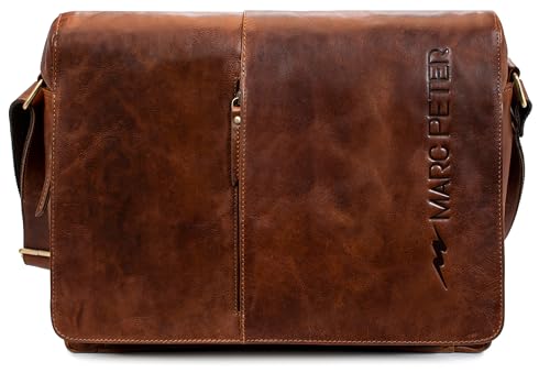 Marc Peter® Bergen leder Umhängetasche für Herren Damen | 15.6 Zoll Laptoptasche | Aktentasche aus echtem Büffelleder Rustikale Bräune von Marc Peter
