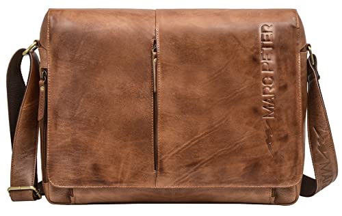 Marc Peter® Bergen leder Umhängetasche für Herren Damen | 15.6 Zoll Laptoptasche | Aktentasche aus echtem Vintage Used-Look Büffelleder Bräun von Marc Peter
