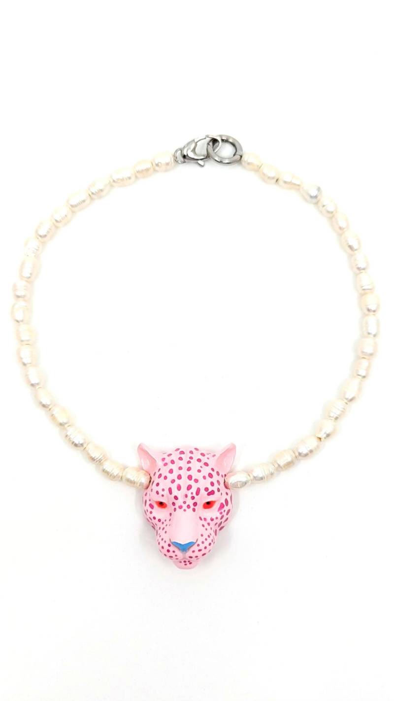 Rosa Leoparden-Halskette - Leoparden-Perlen-Halskette 3D-Leoparden-Halskette von MarcelaLopezArt