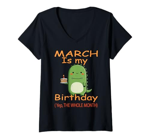 Damen März Geburtstag Dinosaurier mit Kuchen Lustiger Geburtstag T-Shirt mit V-Ausschnitt von March Dinosaur Birthday Cake